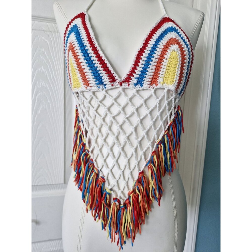 Rehab Lab Crochet Knit Halter Bikini Top Lined Rainbow Color Boho Style Sz M